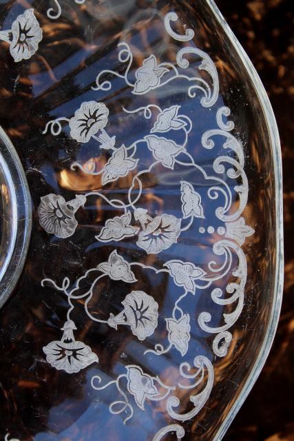 photo of vintage Fostoria morning glory etch glass torte plate, cake plate w/ etched morning glories #5