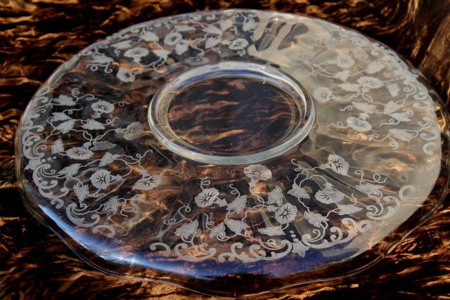 photo of vintage Fostoria morning glory etch glass torte plate, cake plate w/ etched morning glories #6