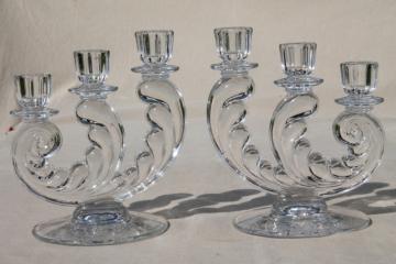 catalog photo of vintage Fostoria plume candle holders, triple candlesticks pair Romance etch pattern