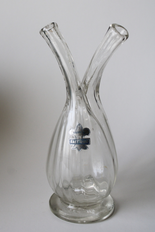 photo of vintage France hand blown glass double spout cruet, clear glass oil vinegar bottle  #1