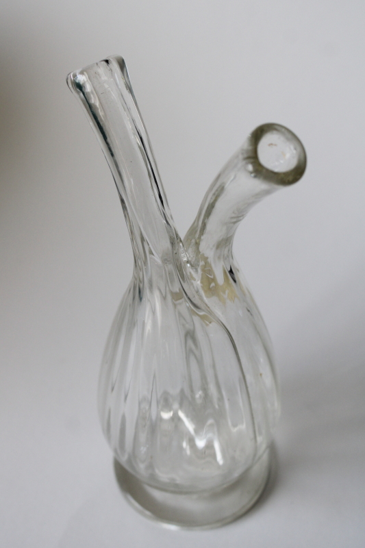 photo of vintage France hand blown glass double spout cruet, clear glass oil vinegar bottle  #4
