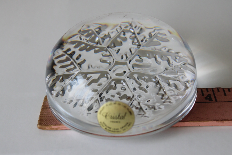 photo of vintage France lead crystal paperweight clear glass snowflake bubble shape original label #3