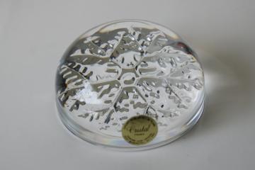 catalog photo of vintage France lead crystal paperweight clear glass snowflake bubble shape original label 