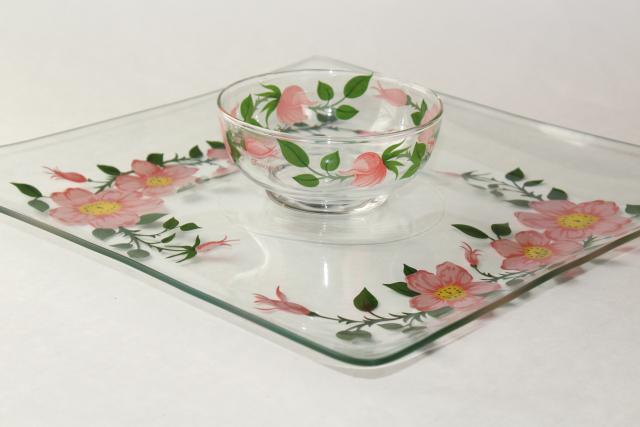 photo of vintage Franciscan Desert Rose go-along glassware, square glass tray plate & dip bowl #1