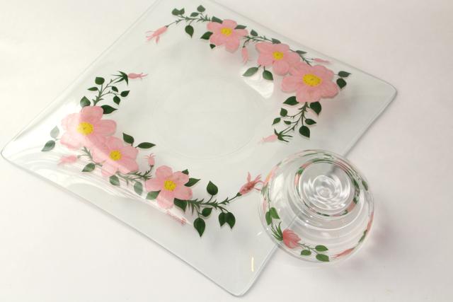 photo of vintage Franciscan Desert Rose go-along glassware, square glass tray plate & dip bowl #2