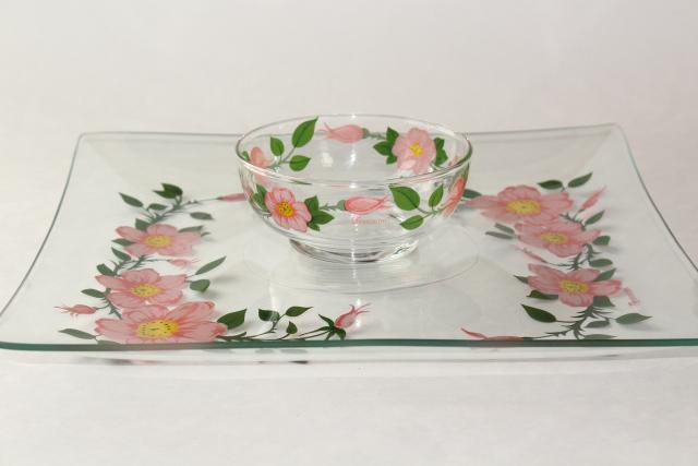 photo of vintage Franciscan Desert Rose go-along glassware, square glass tray plate & dip bowl #3