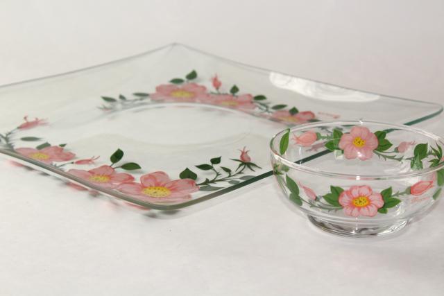 photo of vintage Franciscan Desert Rose go-along glassware, square glass tray plate & dip bowl #4