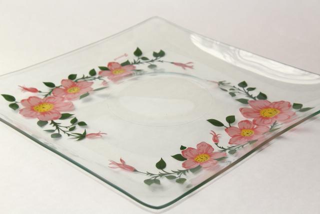 photo of vintage Franciscan Desert Rose go-along glassware, square glass tray plate & dip bowl #6