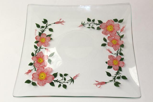 photo of vintage Franciscan Desert Rose go-along glassware, square glass tray plate & dip bowl #7