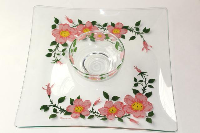 photo of vintage Franciscan Desert Rose go-along glassware, square glass tray plate & dip bowl #10