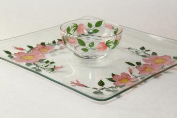 catalog photo of vintage Franciscan Desert Rose go-along glassware, square glass tray plate & dip bowl