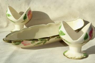 catalog photo of vintage Franciscan Desert Rose pink flowers candle holders & long oval bowl