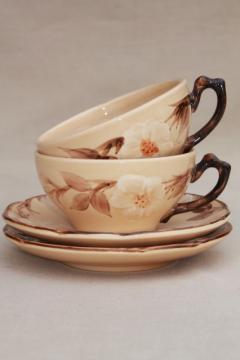 catalog photo of vintage Franciscan china, royal rose desert tan cafe brown cups & saucers 