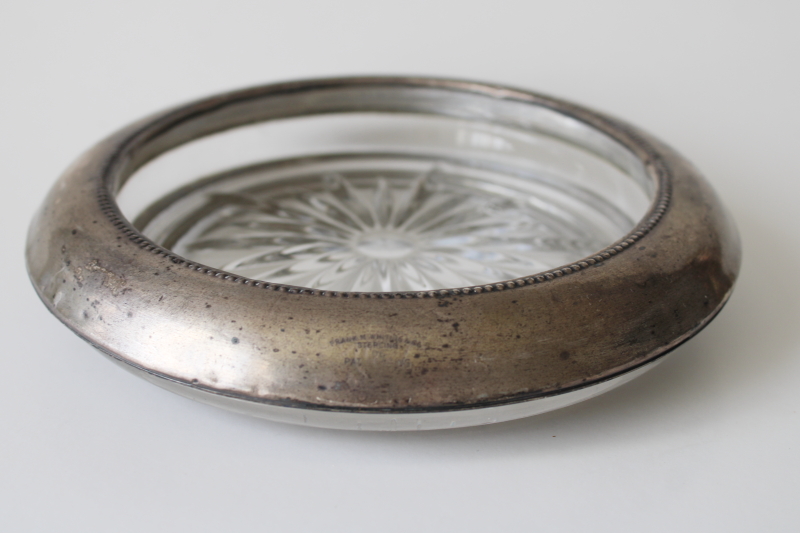 photo of vintage Frank M Whiting sterling silver / crystal clear glass wine bottle coaster  #1