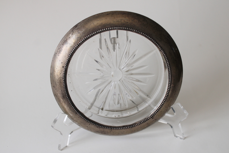 photo of vintage Frank M Whiting sterling silver / crystal clear glass wine bottle coaster  #6