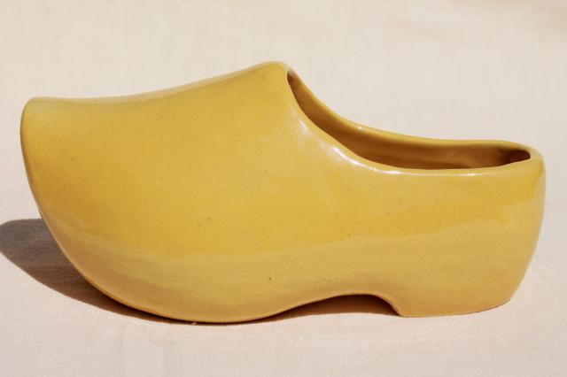 photo of vintage Frankoma pottery Dutch shoe planter pot, yellow klompen clog #2