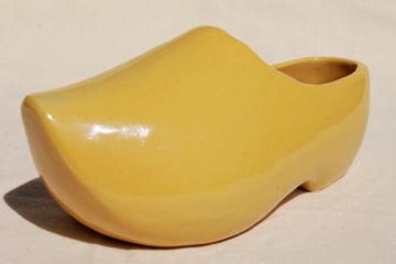 catalog photo of vintage Frankoma pottery Dutch shoe planter pot, yellow klompen clog