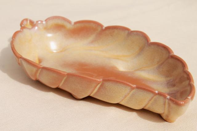 photo of vintage Frankoma pottery leaf shaped dish, desert gold red brown clay #1