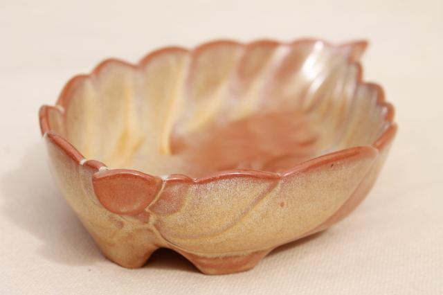 photo of vintage Frankoma pottery leaf shaped dish, desert gold red brown clay #4