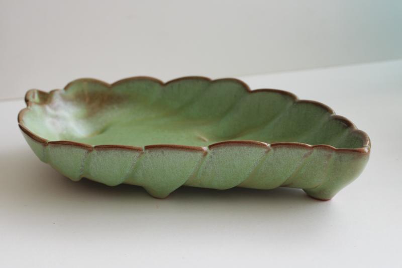 photo of vintage Frankoma pottery, leaf shaped dish in prairie green / brown glaze #1