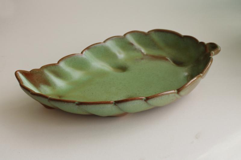 photo of vintage Frankoma pottery, leaf shaped dish in prairie green / brown glaze #4