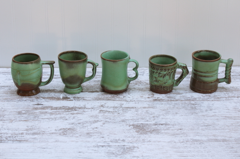 photo of vintage Frankoma pottery mugs lot, collection different patterns green brown glaze mismatched cups #1