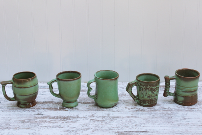 photo of vintage Frankoma pottery mugs lot, collection different patterns green brown glaze mismatched cups #2