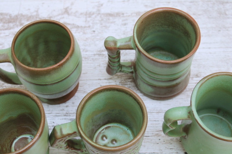 photo of vintage Frankoma pottery mugs lot, collection different patterns green brown glaze mismatched cups #3