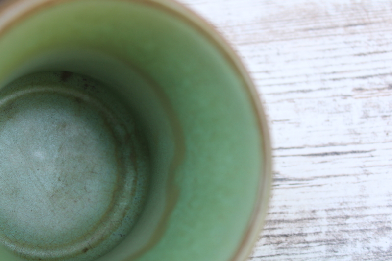 photo of vintage Frankoma pottery mugs lot, collection different patterns green brown glaze mismatched cups #4