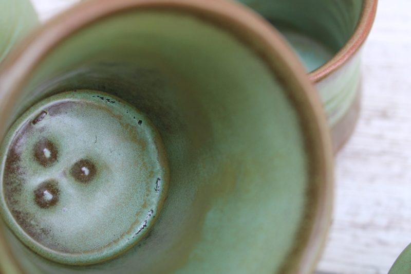 photo of vintage Frankoma pottery mugs lot, collection different patterns green brown glaze mismatched cups #5