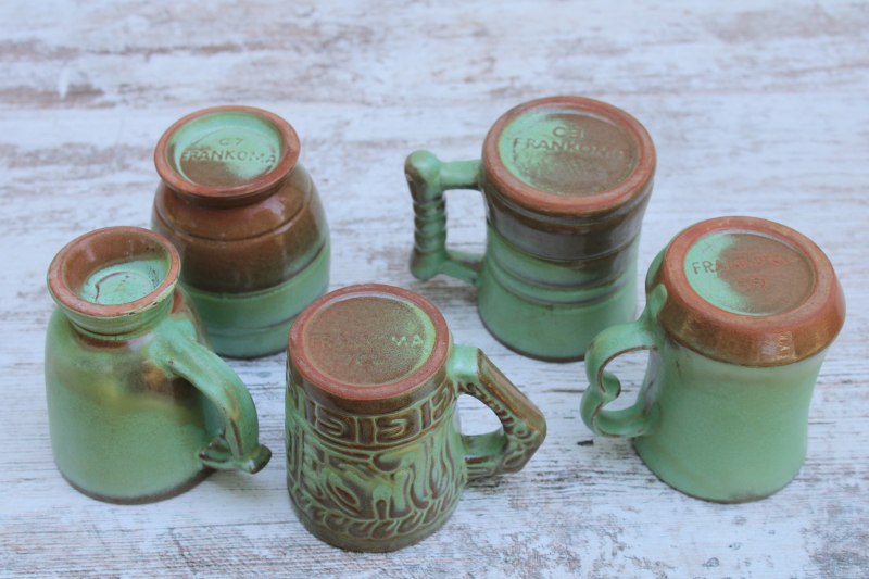 photo of vintage Frankoma pottery mugs lot, collection different patterns green brown glaze mismatched cups #6