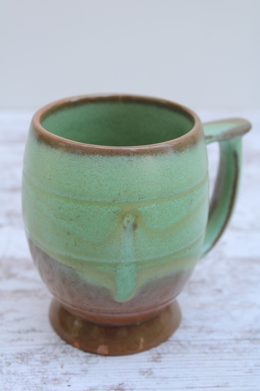 photo of vintage Frankoma pottery mugs lot, collection different patterns green brown glaze mismatched cups #8