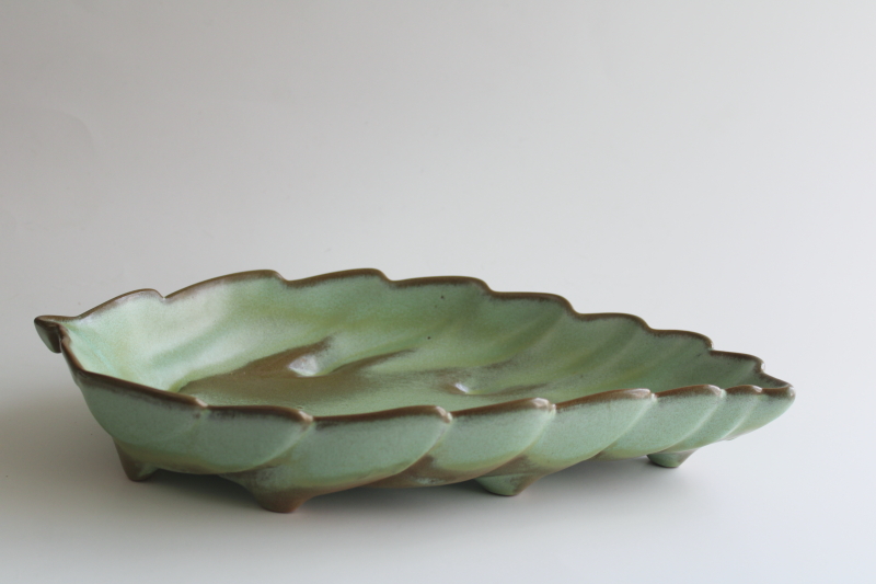 photo of vintage Frankoma pottery, prairie green brown glaze leaf shaped dish  #1