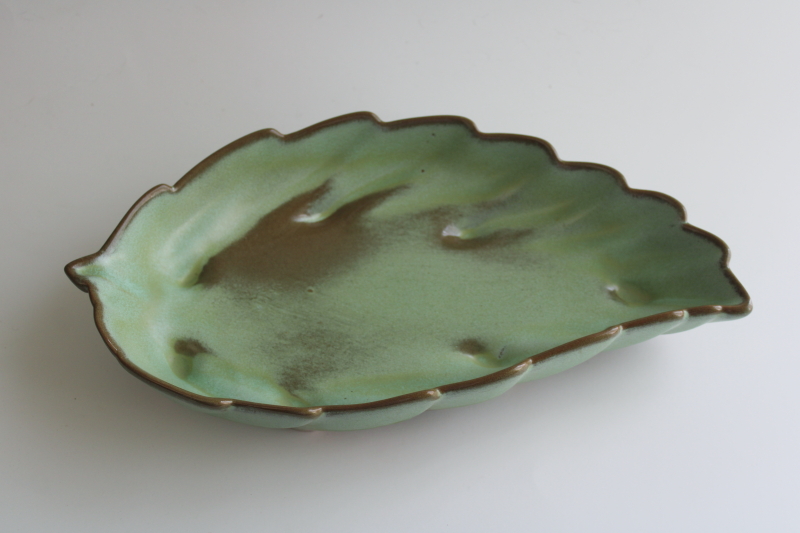 photo of vintage Frankoma pottery, prairie green brown glaze leaf shaped dish  #2