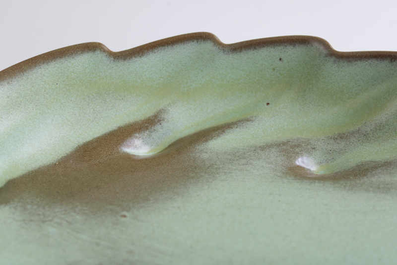 photo of vintage Frankoma pottery, prairie green brown glaze leaf shaped dish  #3