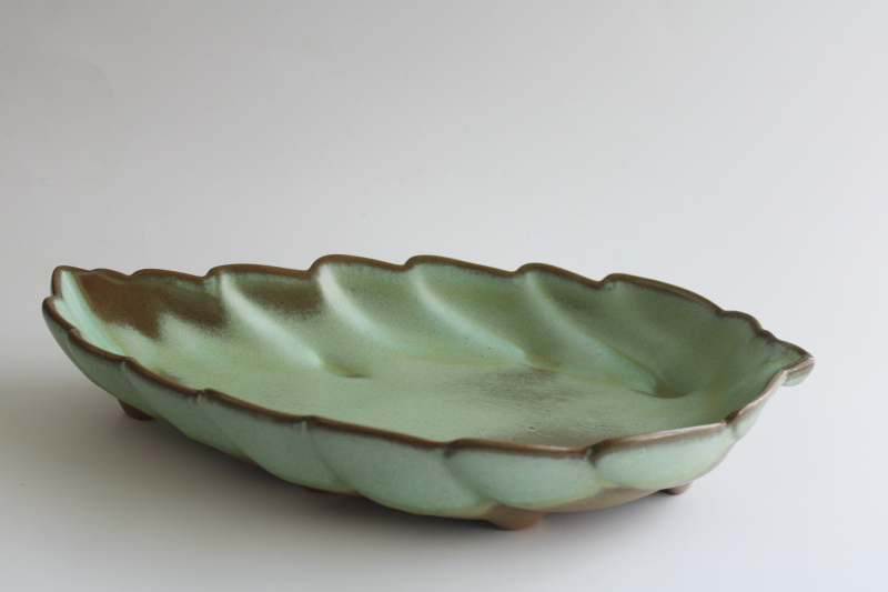 photo of vintage Frankoma pottery, prairie green brown glaze leaf shaped dish  #4