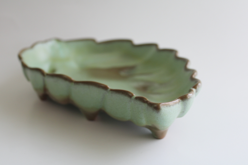 photo of vintage Frankoma pottery, prairie green brown glaze leaf shaped dish  #6