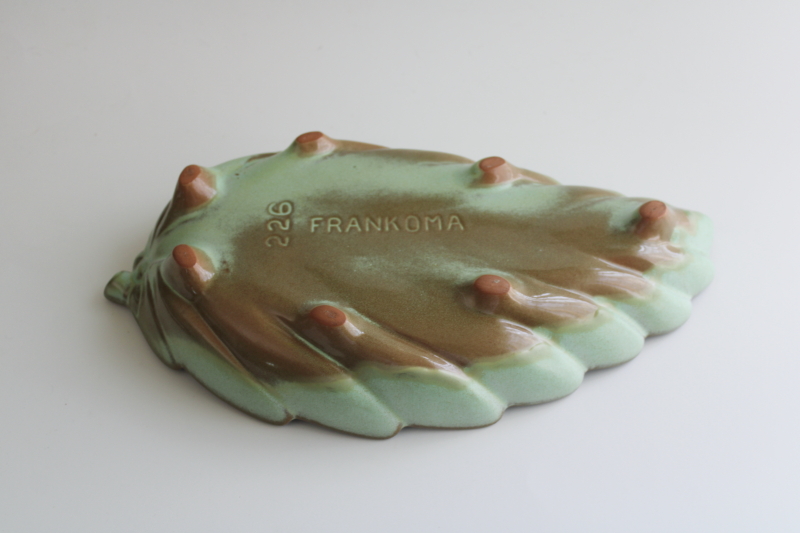 photo of vintage Frankoma pottery, prairie green brown glaze leaf shaped dish  #7