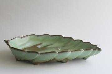 vintage Frankoma pottery, prairie green brown glaze leaf shaped dish 