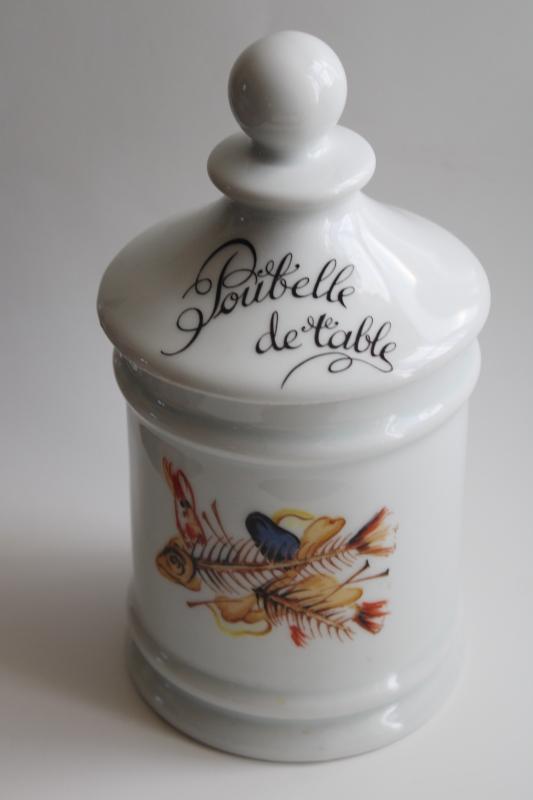 photo of vintage French Poubelle de table, white ironstone china jar, waste can for kitchen or table food scraps #1