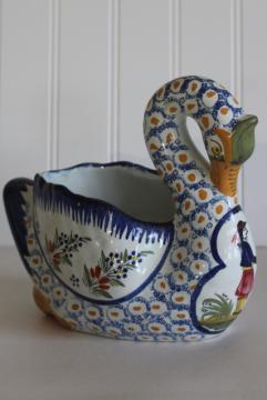 catalog photo of vintage French Quimper pottery swan or goose, large bird hand painted Breton man pattern