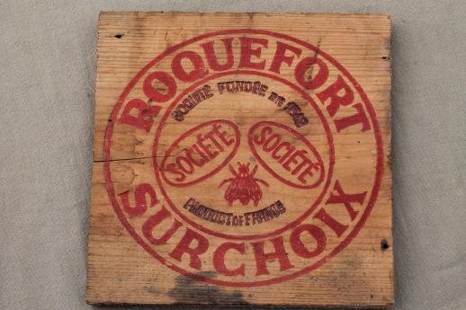 photo of vintage French Roquefort cheese box, wood packing crate sign board #1