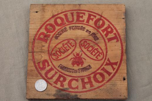 photo of vintage French Roquefort cheese box, wood packing crate sign board #2