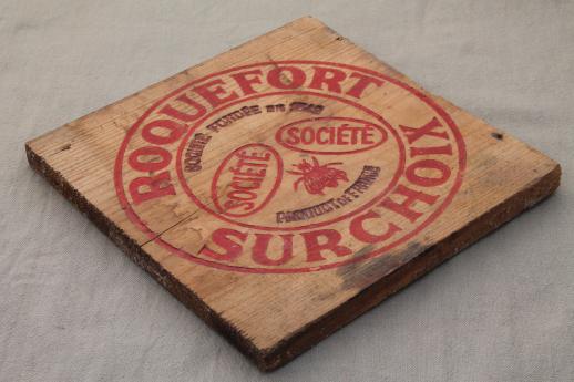 photo of vintage French Roquefort cheese box, wood packing crate sign board #3