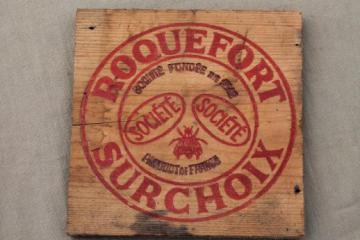 catalog photo of vintage French Roquefort cheese box, wood packing crate sign board