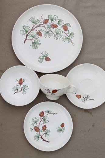 photo of vintage French Saxon china pine cone pattern dishes w/ pine branches & pinecones #3