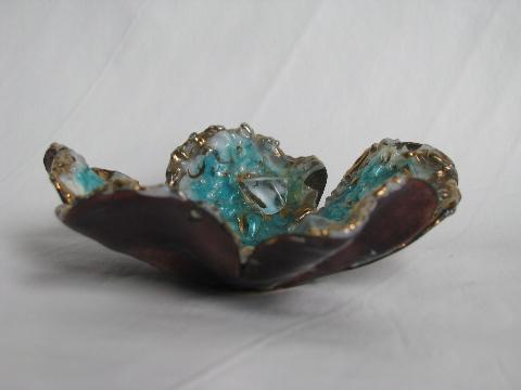 photo of vintage French art enamel on copper, delphite blue rococo pin dish, Limoges France #2