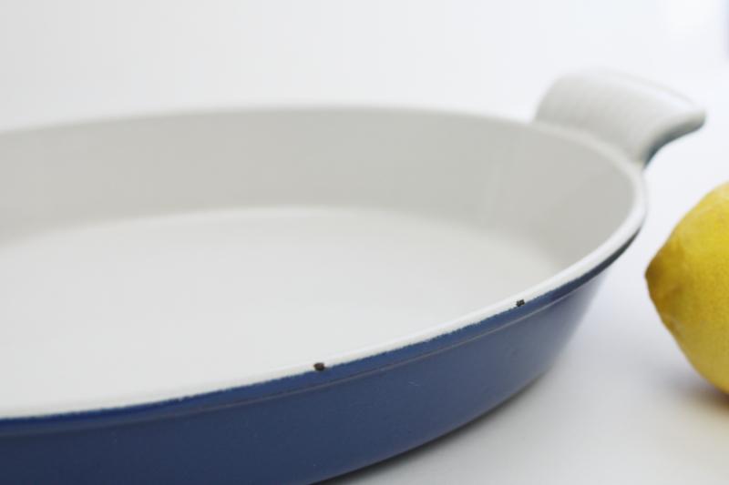 photo of vintage French blue enamel cast iron gratin pan, AC Cousances France  #2