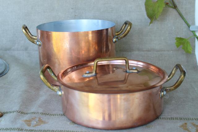 photo of vintage French copper cookware, stockpot, sauce pan w/ lid, brass handles #3