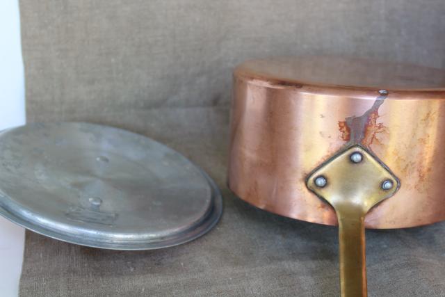 photo of vintage French copper cookware, stockpot, sauce pan w/ lid, brass handles #4